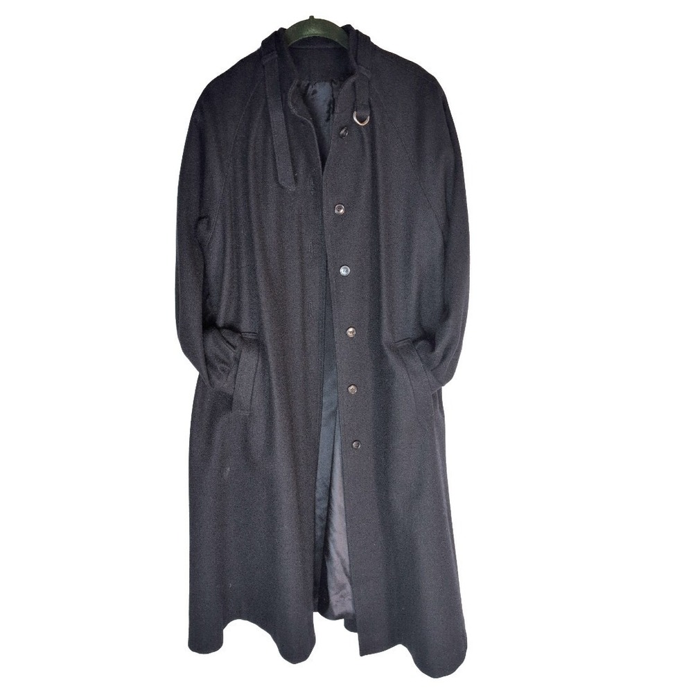 Vintage Women's Black Wool Coat Raglin Sleeve Funnel Collar Kiss Pleats Large